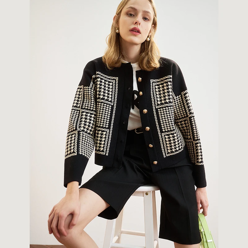 Houndstooth Round Neck Retro Jacquard Knitted Cardigan Jacket 2022 Autumn New Single-breasted Knitted Cardigan Women