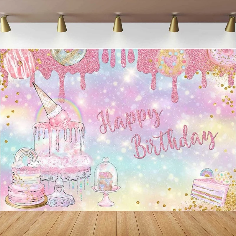 

Ice Cream Photography Backdrop For Girls Glitter Rainbow Donut Dessert Candy Birthday Party Decoration Supplies For Background