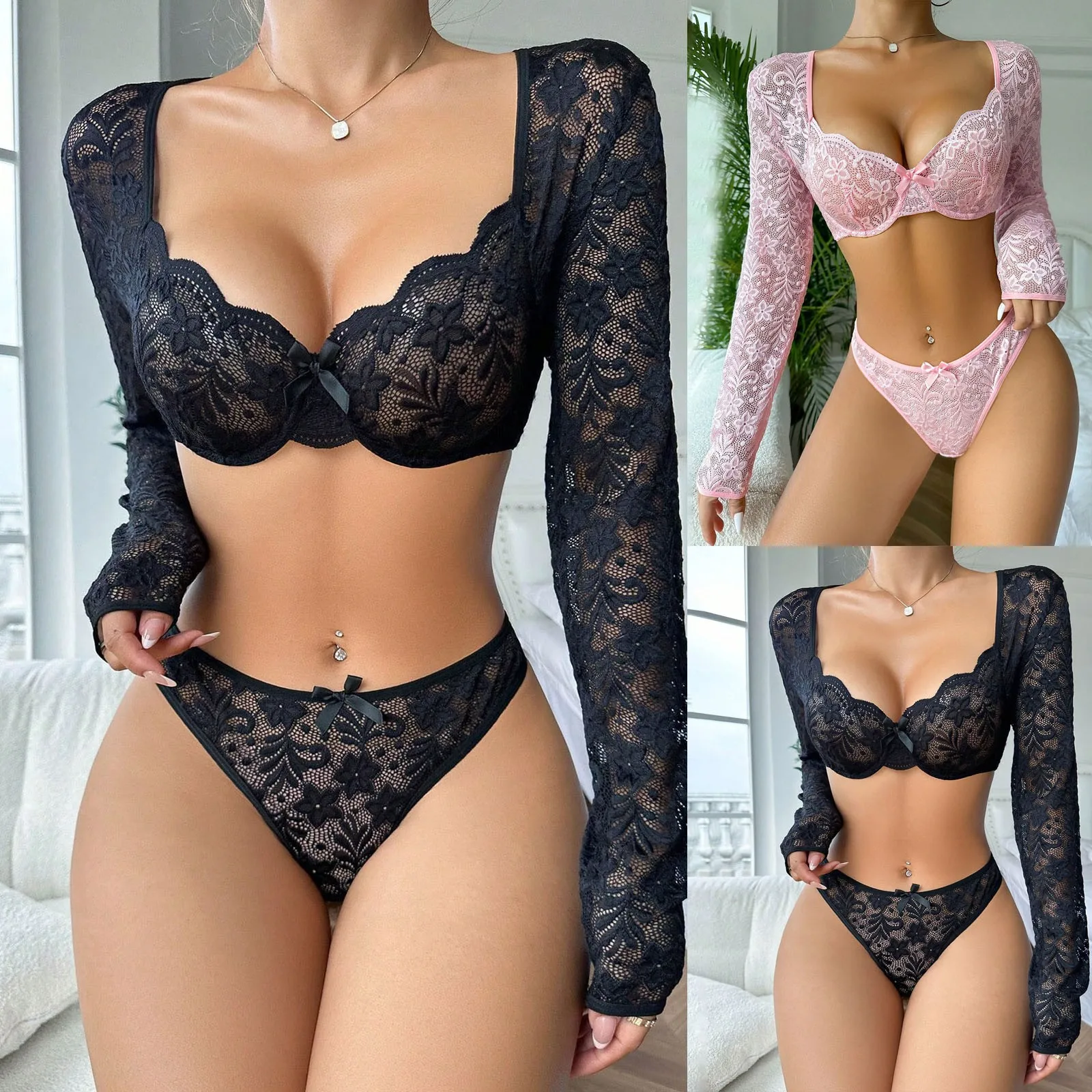 

Women's Fun Underwear Lace Lace Adolescent Clothing Sexy Long Sleeve Fun Underwear Bra Set Open Cup Lingerie