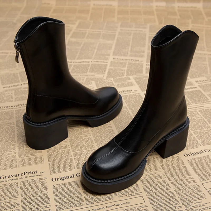 2022 Winter New Women's Knee Nude Boots Fashion Thick Heel PU Leather Back Zipper Thick Sole Chelsea Boots Women's Shoes 2
