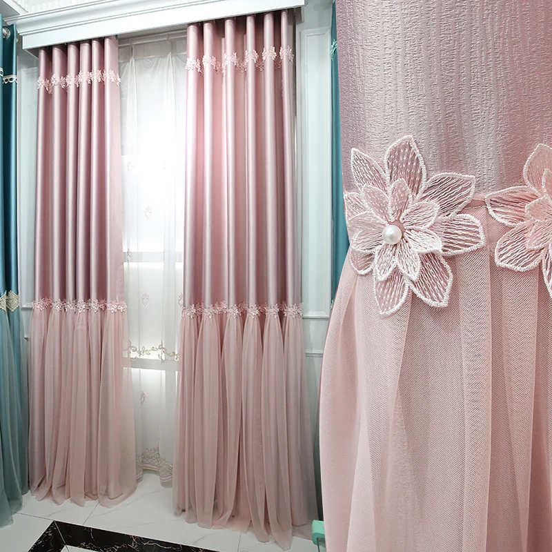 

Двойные кружевные затемняющие шторы для гостиной, спальни, принцессы, девушки, свадебной комнаты, розовые цветочные занавески на окна балко...