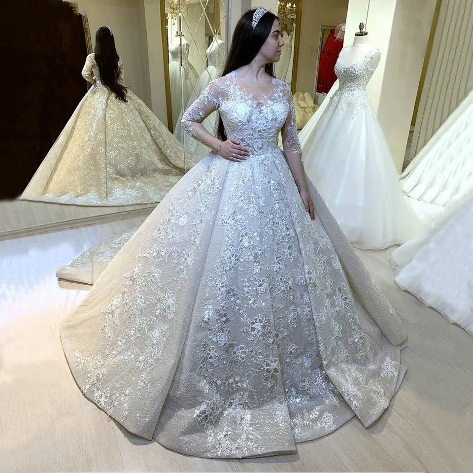 

Arabic Lace Wedding Gowns Appliqued Long Sleeves Ivory O Neck Bride Dresses 2022 Marry Muslim Dubai Princess White Wedding Dress