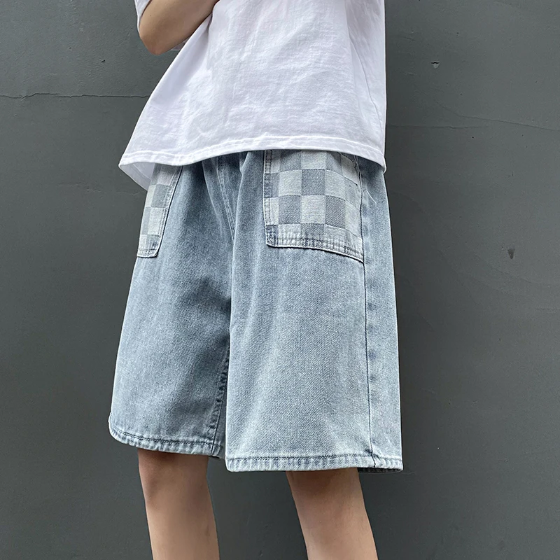 Plaid Patchwork Jean Shorts Mens Summer Casual Straight Leg Denim Pants Teenage Korean Fashion Trends Baggy Streetwear Bottoms