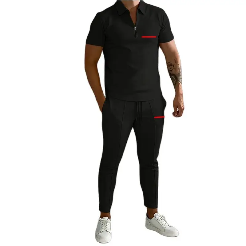 

Men's sweatshirt twill cotton casual half zip lapel short sleeve pullover and trousers men's street casual solid color simple ev