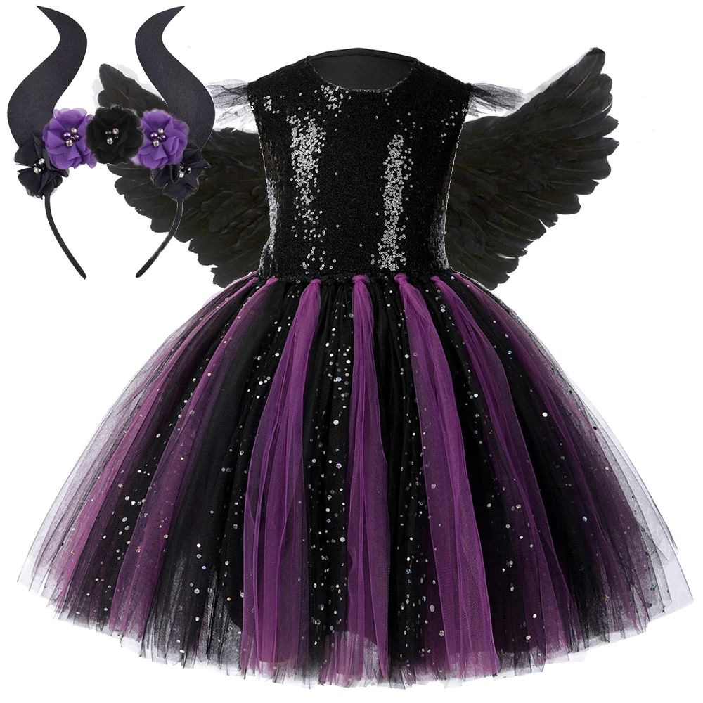

Sparkly Black Purple Maleficent Costumes for Girls Kids Carnival Halloween Tutu Dress Evil Witch Outfit with Flower Horns Wings