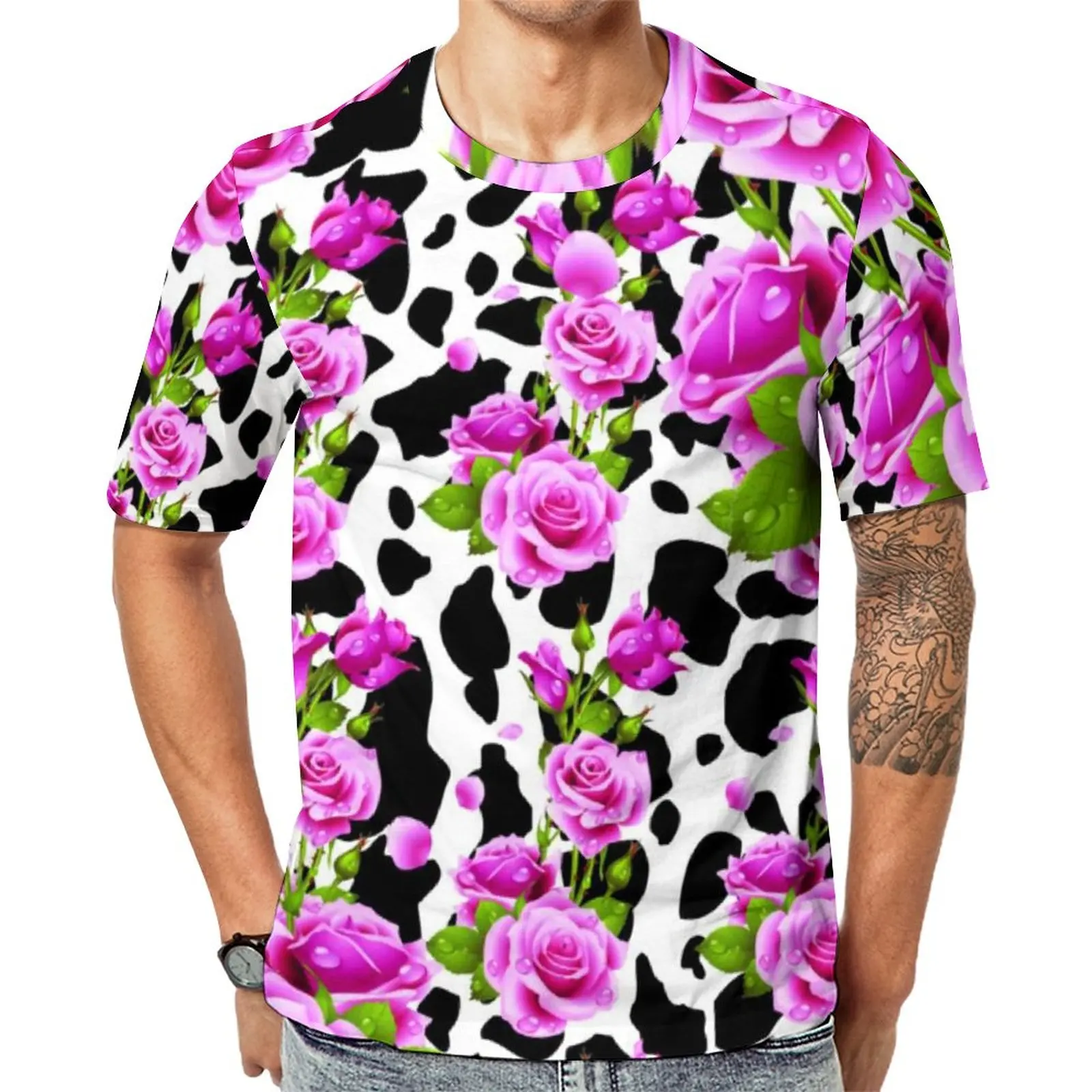 

Cow Print And Roses Placed T Shirt Cow Spots Flower Casual T Shirts O-Neck Vintage Tshirt Original Men Tees Big Size 5XL 6XL