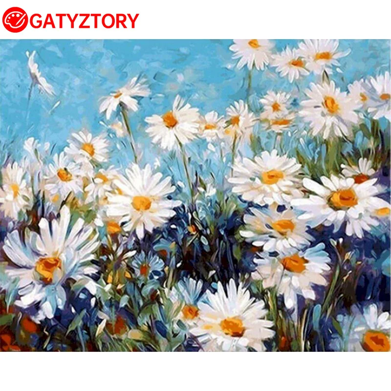

GATYZTORY Painting By Numbers Daisy On Canvas Handpainted Acrylic Paint Coloring By Numbers Flower Frameless Wall Decor Gift