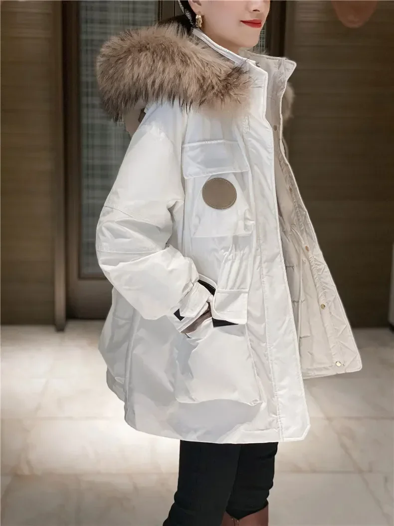

Fashion 2023 Large Real Raccoon Fur New Winter 90% White Duck Down Coat Thick Warm Hooded Loose Parka Female Snow Puffer Jacket