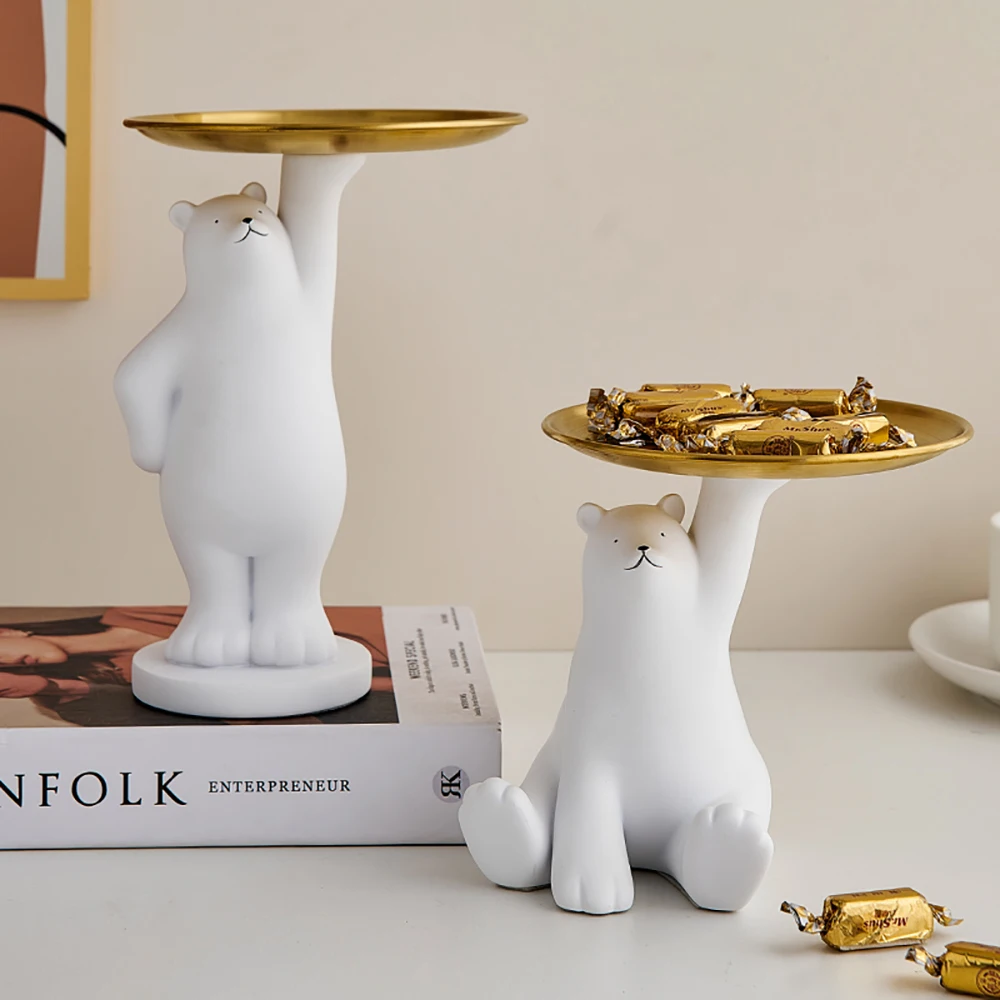 

Bear Statue Storage Tray Nordic Home Decor Living Room Decoration Resin White Sculpture Snacks Storage Desktop Accessories Gifts