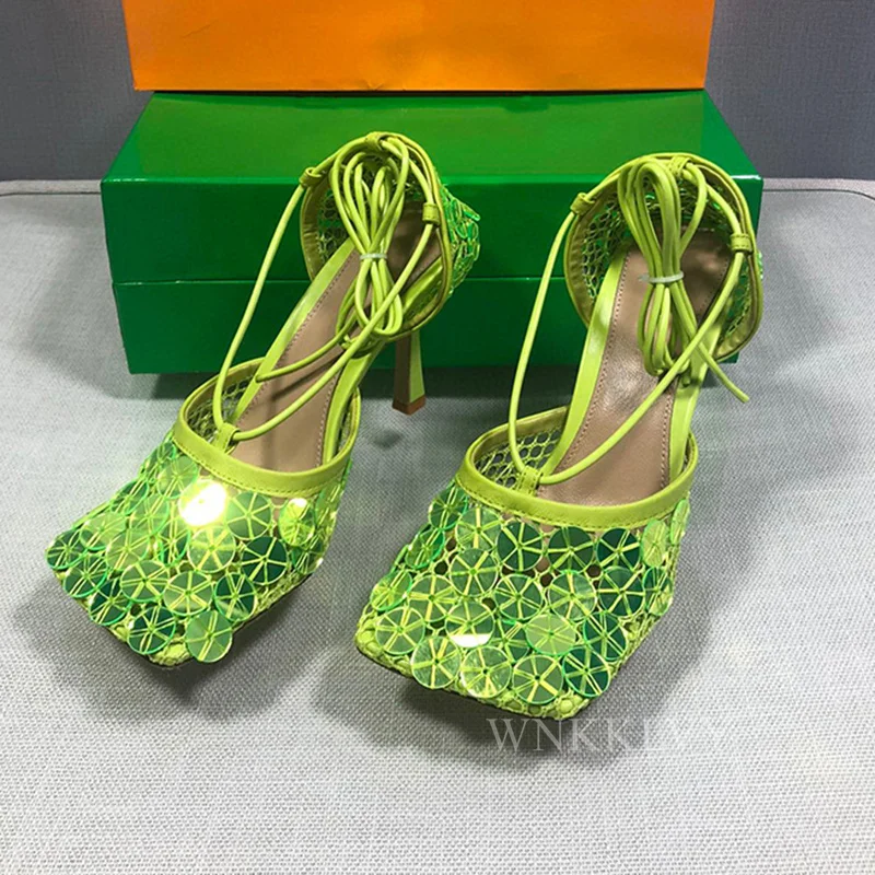 

Runway Net Mesh Thin High Heel Sandals Women Square Toe Ankle Strappy Gladiator Sandalias Summer Sexy Party Nightclub Shoes 2022