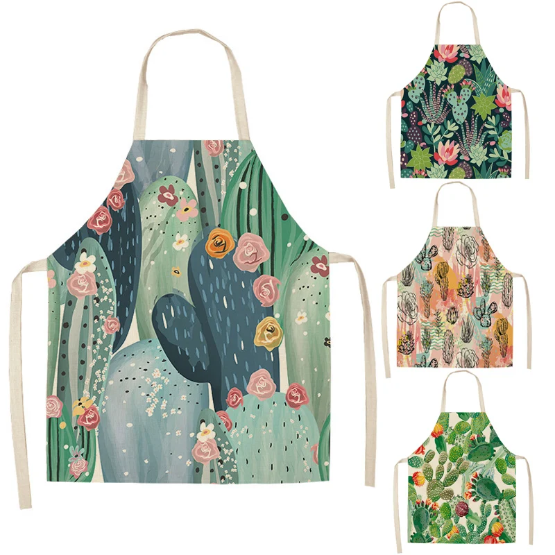 

1 Pcs Cactus Pattern Kitchen Apron for Woman Sleeveless Cotton Linen Aprons Home Cooking Baking Bibs Cleaning Tools 68x55cm