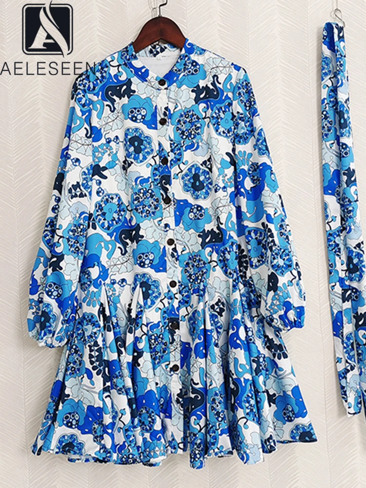 

AELESEEN Runway Fashion 2022 Early Autumn Beach Dress Women Blue Printed Lantern Sleeve Pleat Holiday Party Vacation