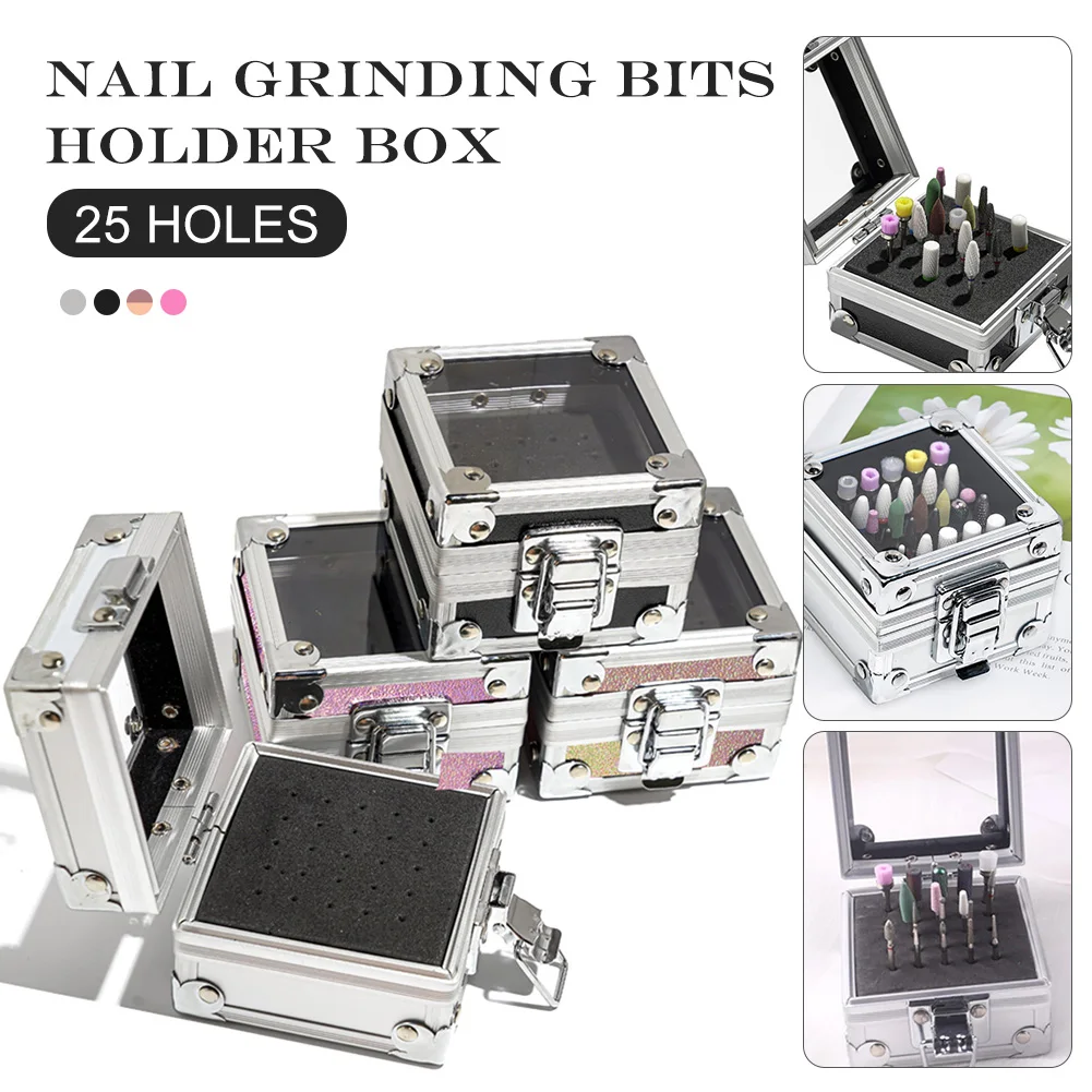 

25 Holes Silver Metal Nail Tool Storage Box Portable Polishing Head Storage Box Metal Nail Tools Organizer Storage Container