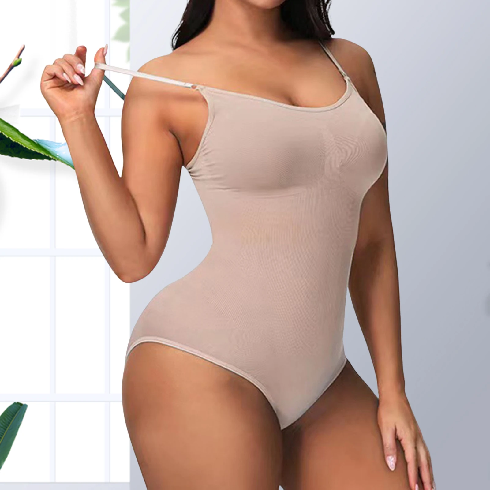 

Slim Fit Crew Neck Sexy Bra Without Steel Ring Tummy Control Women Spaghetti Strap Bodysuit Solid Color Vacation Outfit