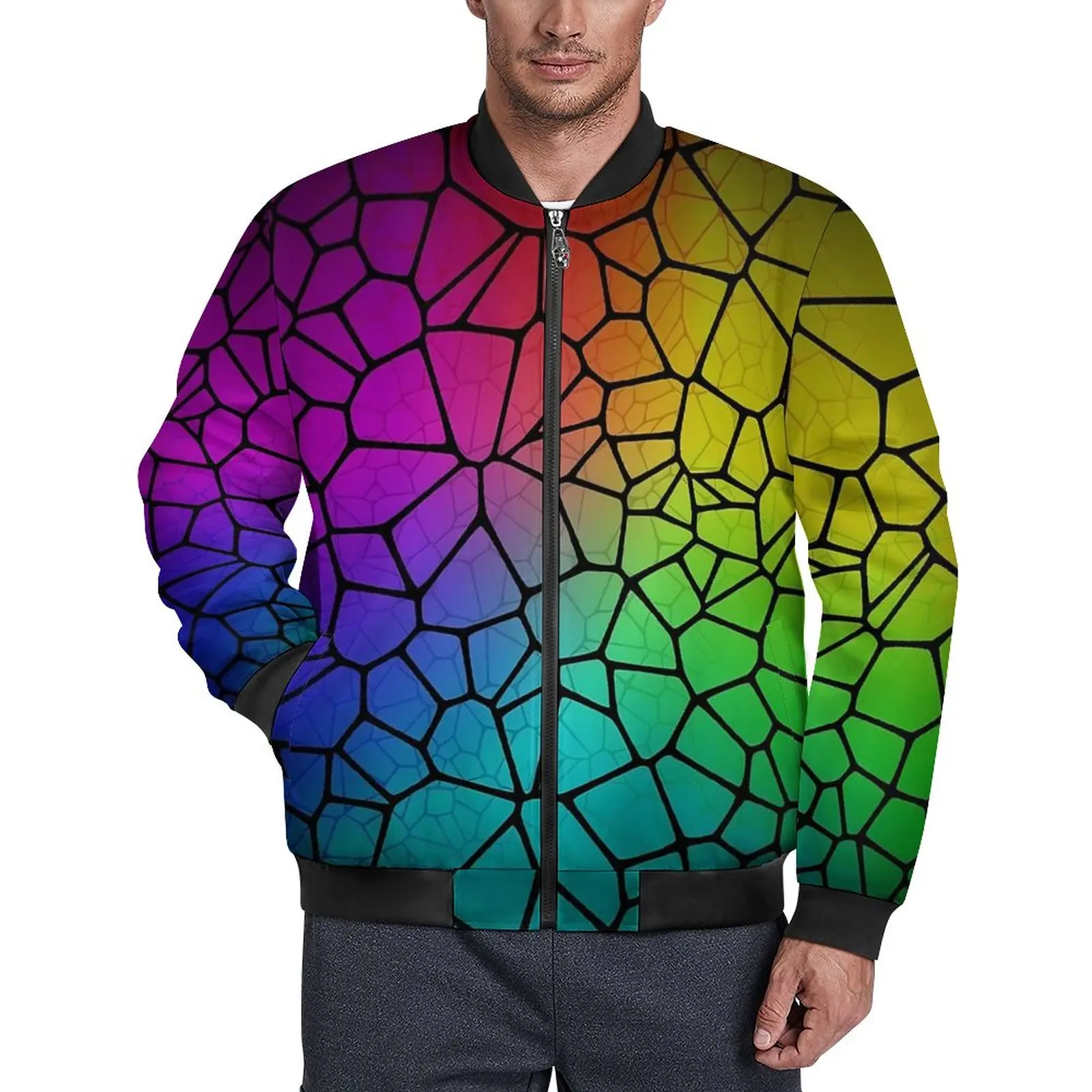 

Куртка мужская Осенняя блестящая с капюшоном и принтом радуги