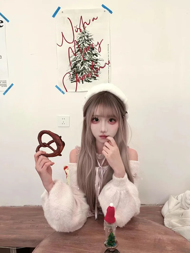 Фото Свитер с открытыми плечами в японском стиле Sweet Lolita + розовая юбка с высокой талией, комплекты на осень/зиму, новая милая одежда в стиле кавай для девочек №4