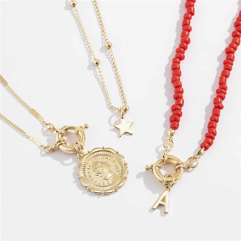 

Beaded Choker Star Pendant Jewelry Letter Carved Coin Red Color Women 3Pcs/Set
