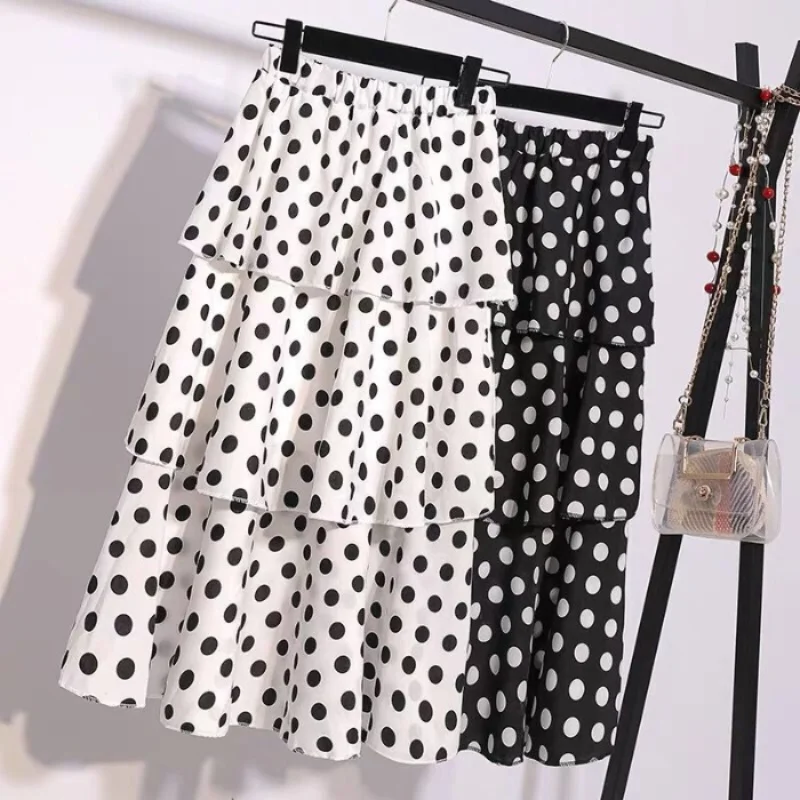 

Spring Summer Women Skirts Fashion Female Vintage Elastic High Waist Loose Casual Maxi Skirts Long A-line Dot Skirts