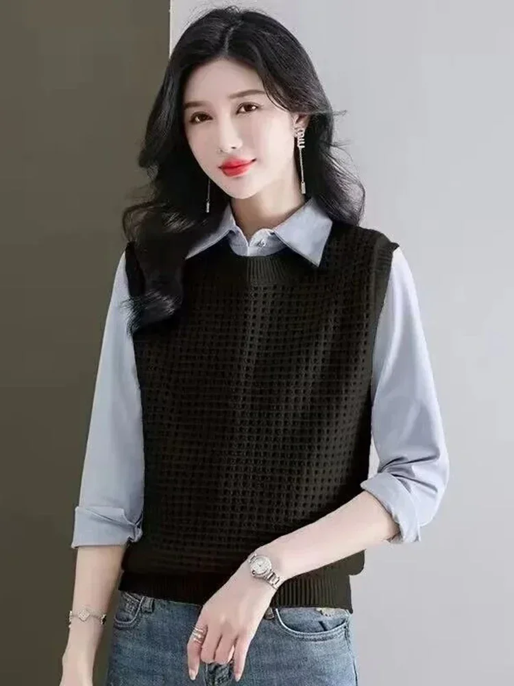 Свитер женский однотонный универсальный вязаный жилет с вырезами простой тонкий