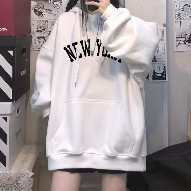 

Lazy Style Versatile Hooded Kpop Sweater 2022 Autumn New Girl Student Loose Casual Winter Plush Thickened Long Sleeve Women Top
