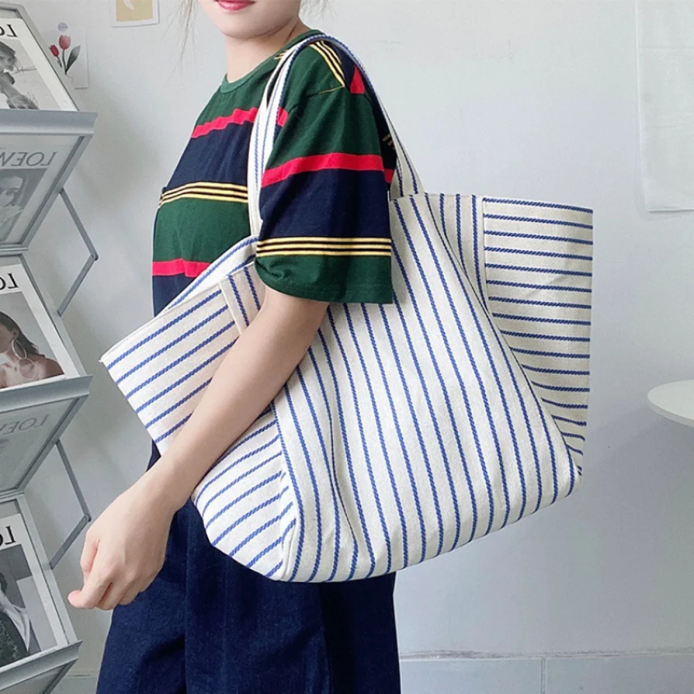 Stripe Canvas Tote Bags Women Luxury Designer Fashion Simple Handbags Female Vintage Versatile Large Capacity Shopping Bags