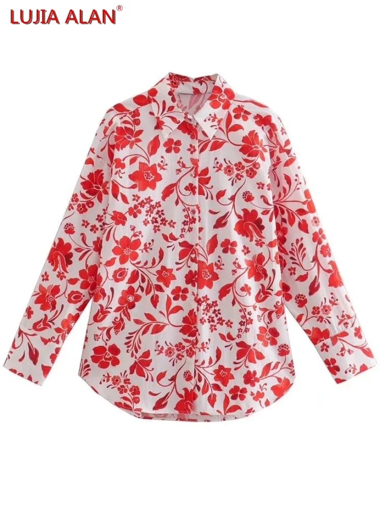 

Women Flower Print Turndown Collar Shirt Summer Female Nine Quarter Sleeve Blouse Smock Loose Tops Blusas LUJIA ALAN B157