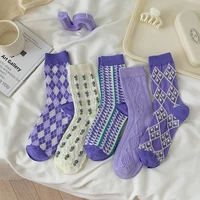 2022 fashion purple socks women plaid japanese school students long socks lovely girls japanese kawaii harajuku retro crew socks