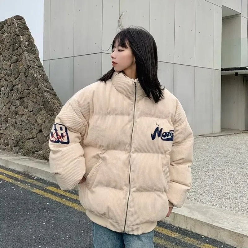 Retro Corduroy Thick Parka Coat Loose Women Winter Fashion Street Hip-Hop Letter Printing Warm Oversized Jacket Harajuku Y2K