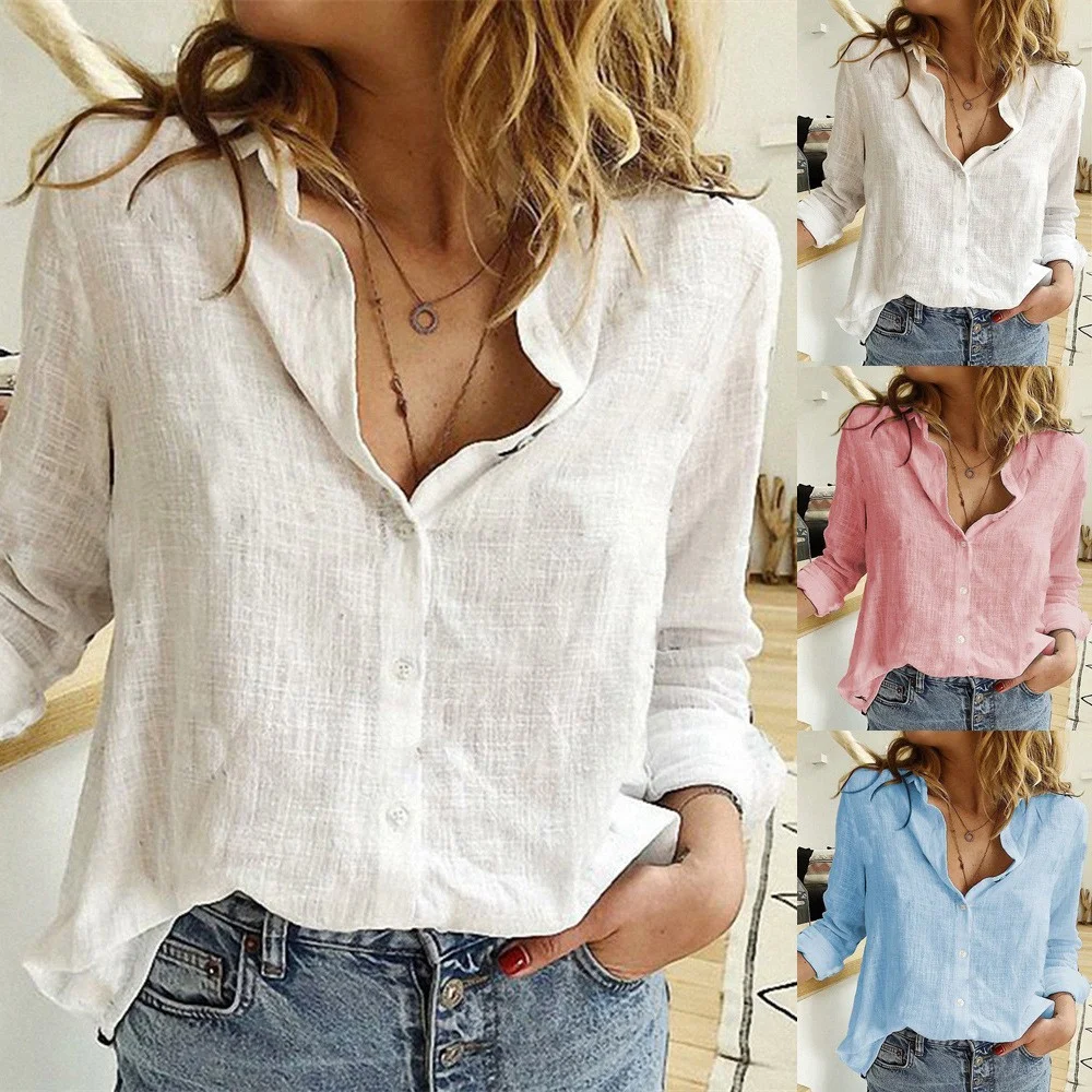 

Helisopus Summer Womens Solid Color Casual Cotton Linen Shirts Loose Long Sleeve Button-Up Blouse Daily Commuter Office Wear