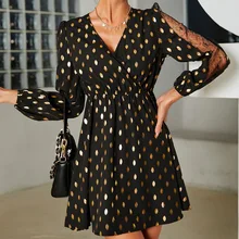 Elegante vestido de lunares dorado con cuello en V para mujer, Vestido corto ajustado de encaje con costuras de cintura alta (4)