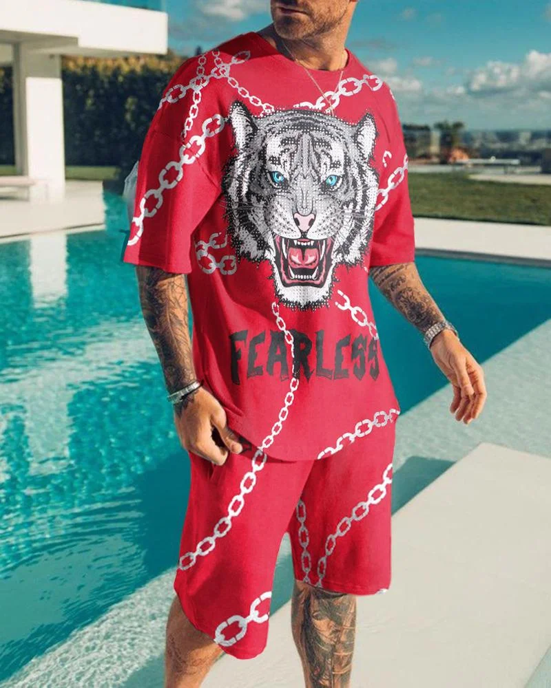 

3D Summer Men's O-Neck Short Sleeves+Shorts Blue Eyes White Tiger Printed Pattern Fashion Leisure Loose T-Shirt Set Sports Suit
