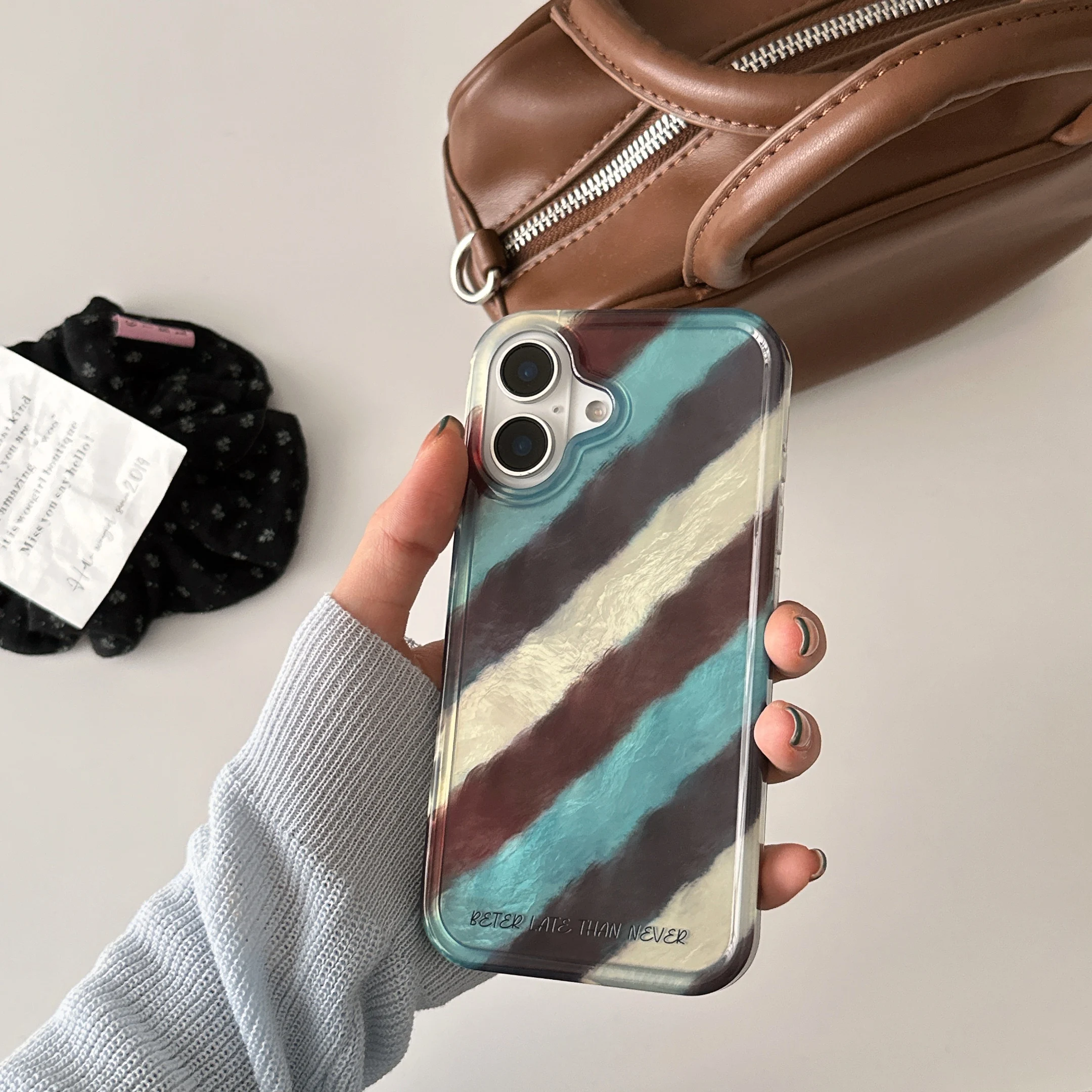 Creative INS Ripple Texture Diagonal Lines Two-layer Chic Phone Case for iPhone 16 15 14 13 Pro Max Back Cover Capa