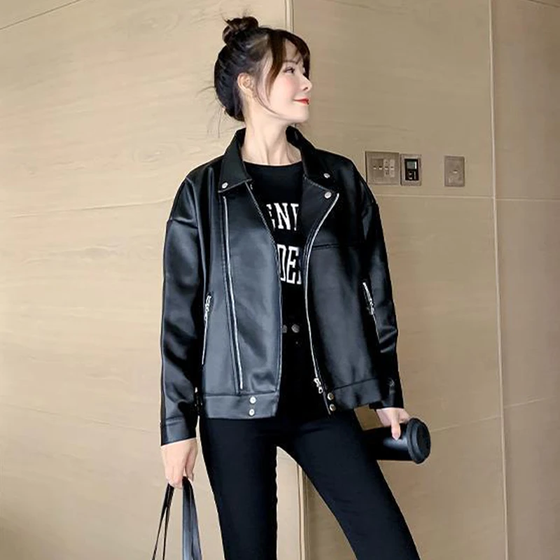 korean Autumn Spring Women's Leather Jakcet Loose Turn Down Ladies Faux Coat  Moto Biker Zipper Jackets for Lady Outwear black