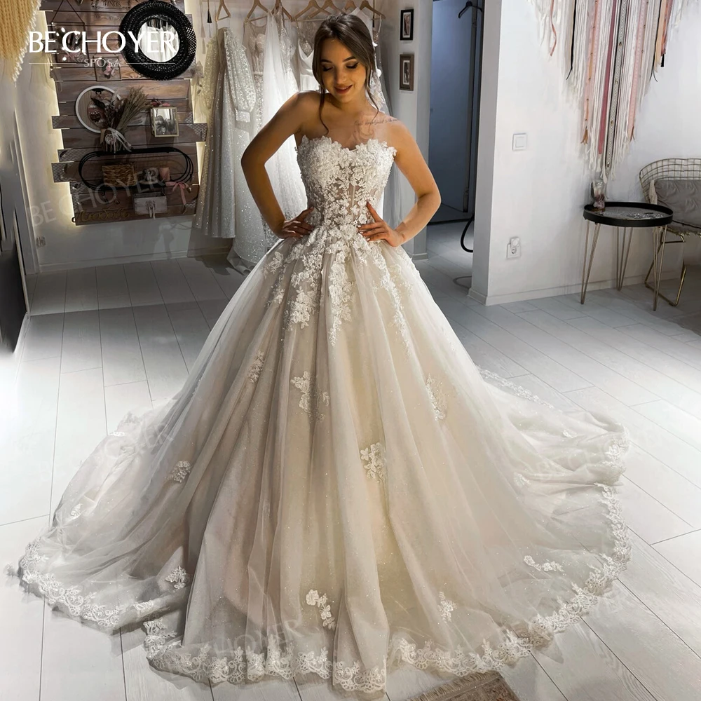 

Свадебное платье с аппликацией из бисера, романтичное платье-трапеция для невесты, свадебное платье со шлейфом, для принцессы, BECHOYER LI103, 2022