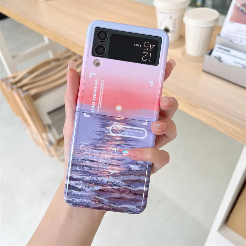 Oil Painting Seaside Sunrise Phone Case for Samsung Galaxy Z Flip 4 3 Hard Cover for ZFlip3 Zflip4 Solid Shell Bracket