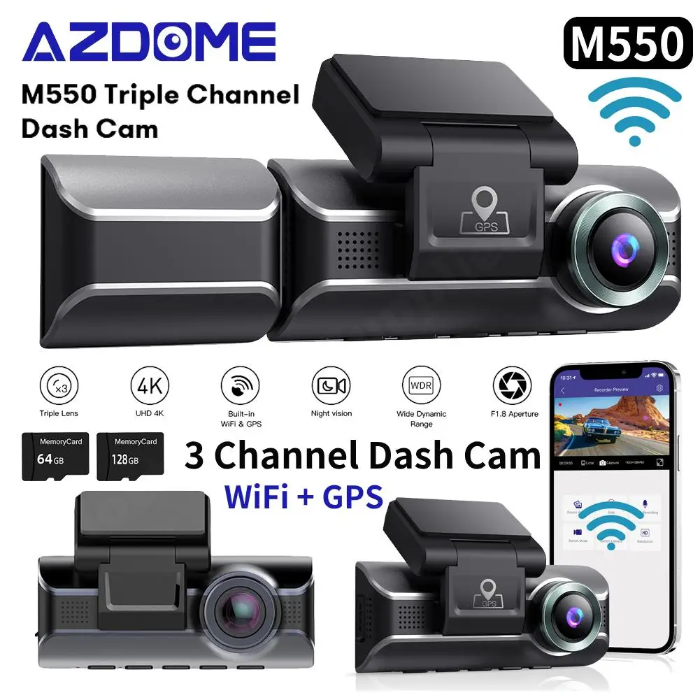 

AZDOME M550 3 Channel Dash Cam Front 4K+1080P Inside Rear Three Way Car Dash Camera Dual Channel With GPS WiFi IR Night Vision
