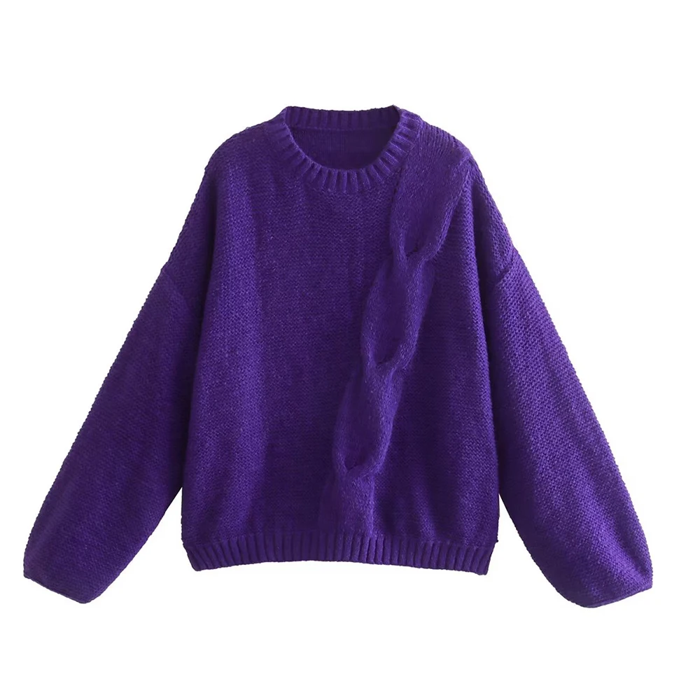

PB&ZA Women Sweaters O-Neck Casual Pullover Sweatshirts Simple Basics Purple Long Sleeve Top Knitwear Loose Female Clothes
