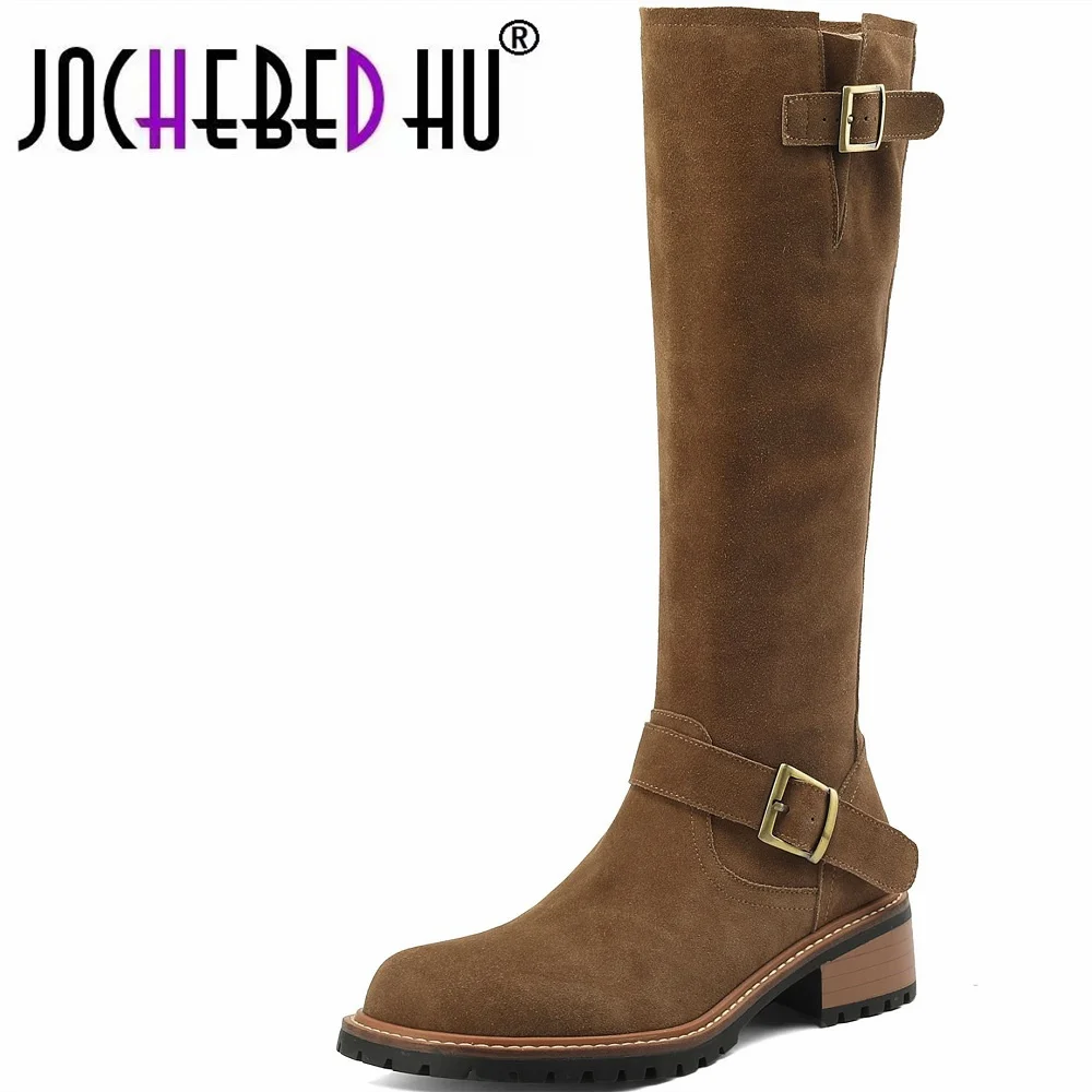

【JOCHEBED HU】2022 brand Sexy Fashion Women Mid Calf Boots Round Toe Heel Autumn Winter Cow Suede Shoes Woman Stretch Boots