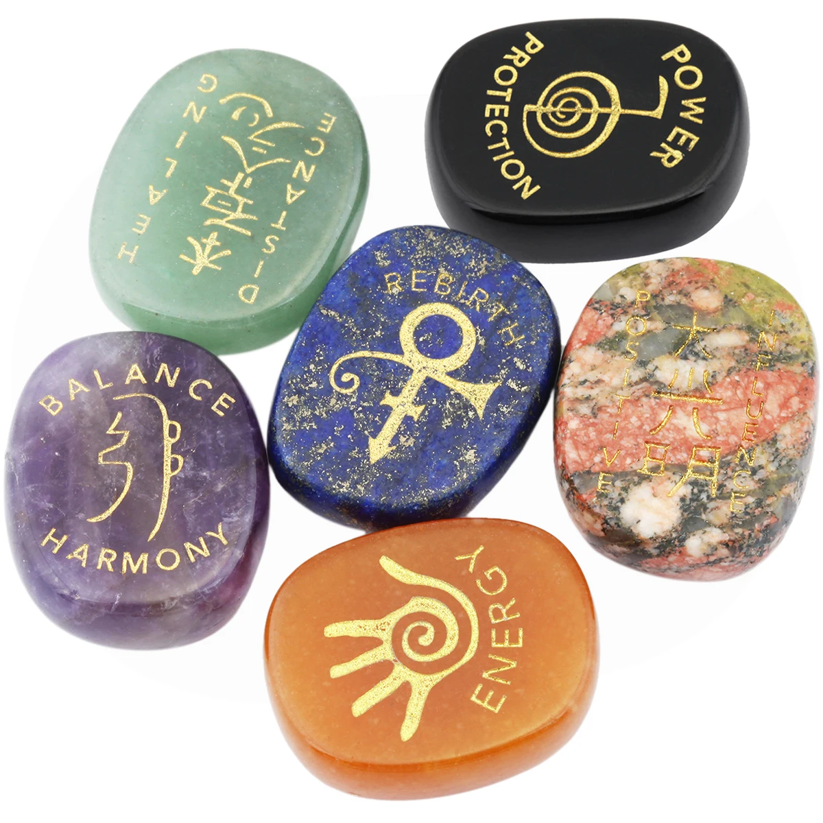 

6Pcs/Set Natural Crystal Stones Engraved Chakra Symbols Polished Palm Stones Worry Stone For Meditation Balancing