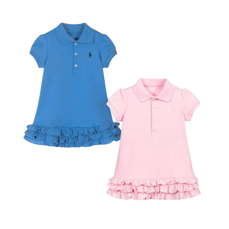 

Платье принцессы с оборками на подоле для девочек, летние платья с коротким рукавом и воротником-поло для детей, однотонная детская одежда