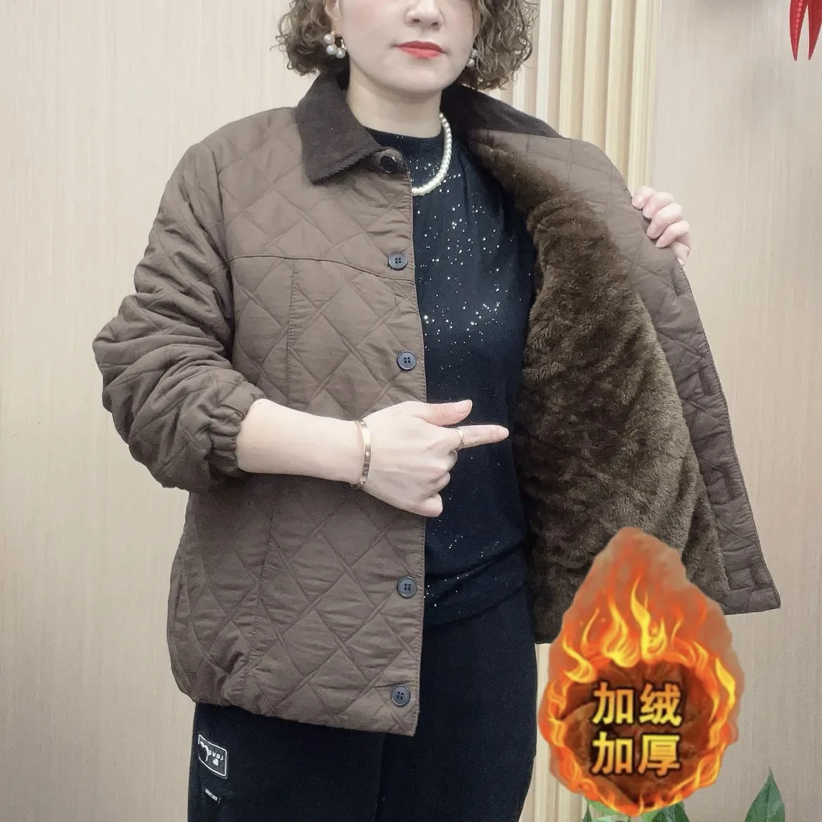 2024 Winter Temperament Fashion Mother Lapel Rhombus Cotton-padded jacket Top Warm Cotton-Padded Jacket Western Sle Age-Red...