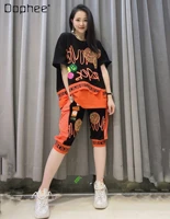 2 piece sets women outfits cropped pants casual suit 2022 summer new rhinestone short sleeve top and shorts oversize sports suit
