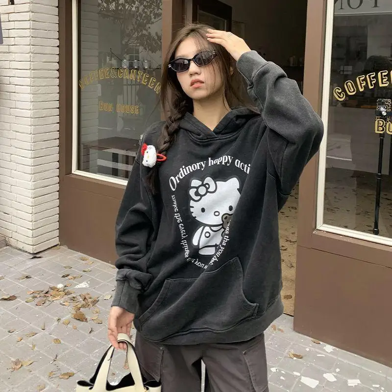 

Новинка, Женская Толстовка Sanrio с капюшоном Hello Kitty, модная уличная трендовая Толстовка для пары, осенне-зимняя одежда для девочек в стиле преппи Y2K