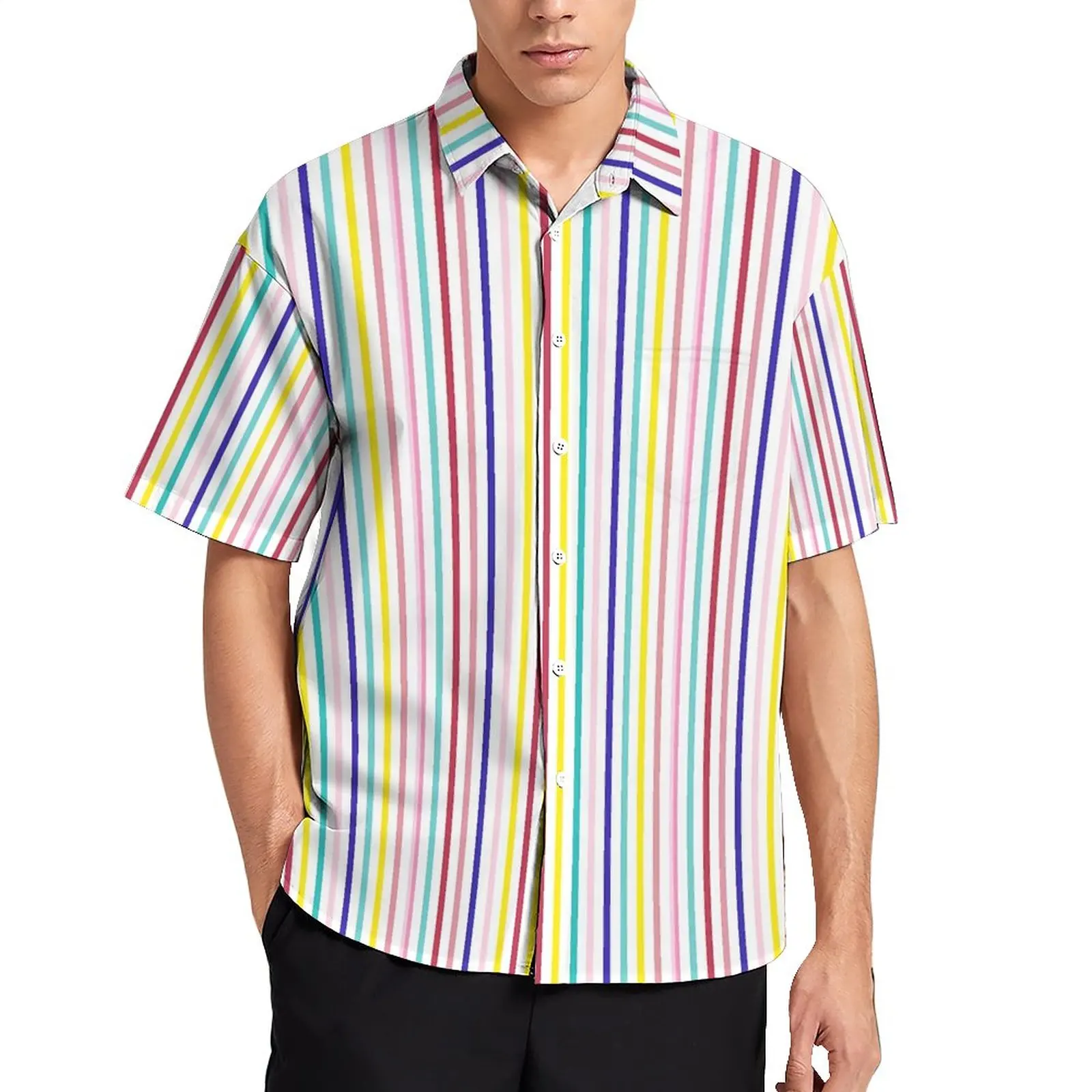 

Bright Rainbow Striped Blouses Mens Lines Print Casual Shirts Hawaiian Short Sleeve Custom Vintage Oversize Vacation Shirt Gift