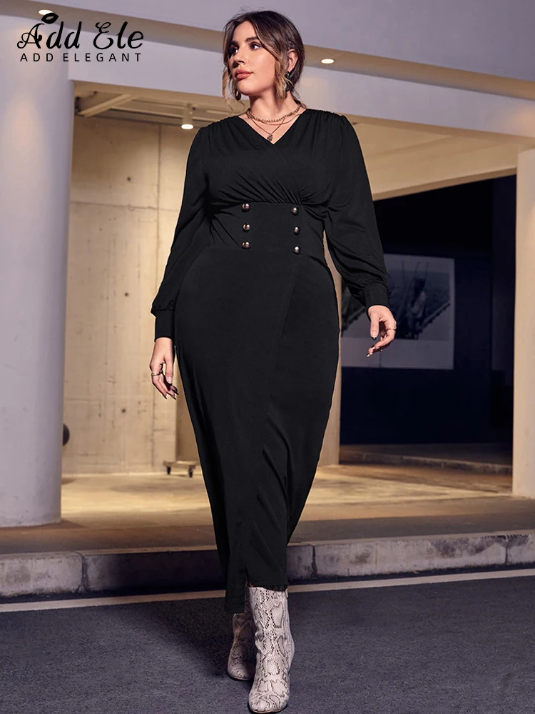 Add Elegant Plus Size Pencil Dress Women 2022 Autumn Button Design Gentle High Waist V-Neck Stylish Long Sleeve Clothing B1020