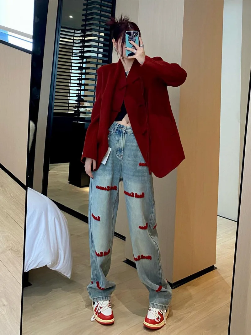 2022 Trend Trousers Streetwear Letter Embroidery Jeans Woman High Waist Y2k Straight Baggy Pants Korean Fashion Women's Jeans