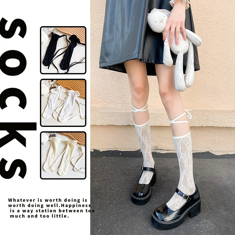 

Female Japanese Lolita Kawaii Cute Bow Tie Legging Stockings Anime Girls Young Sweet Lace Hollow Net JK Uniform Knee Socks