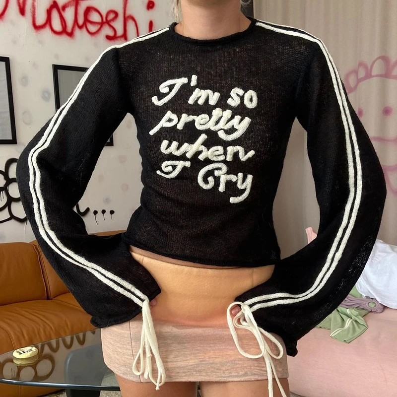 

Lygens O Neck Vintage Letter Embriodary Flare Sleeve Lace Up Women'S Tops Y2K Winter Wholesale Fashion Casual Korean Clothes
