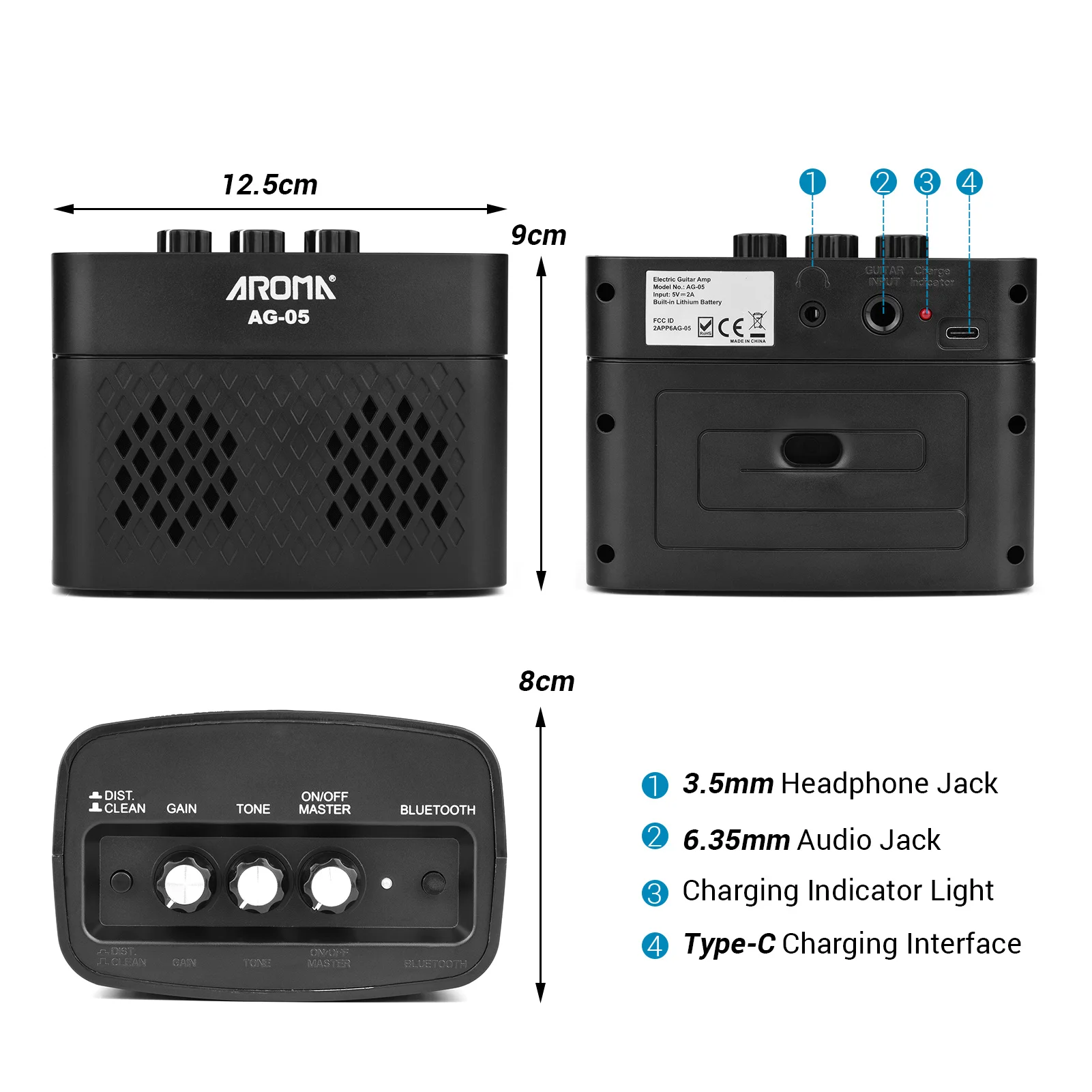 AROMA AG-05 Bluetooth Electric Guitar Amp Amplifier 5-Watt Stereo Output Distortion Gain Tone Control 3.5mm Monitoring 6.35mm enlarge