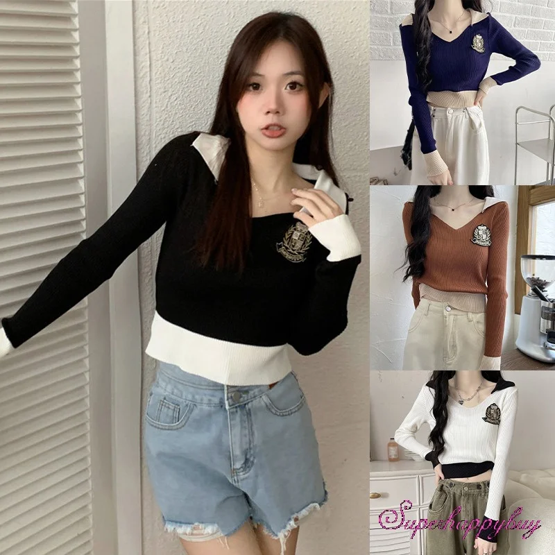 

Женский трикотажный топ с длинным рукавом, Осенний облегающий топ с отворотом и аппликацией, контрастный Повседневный Женский Топ